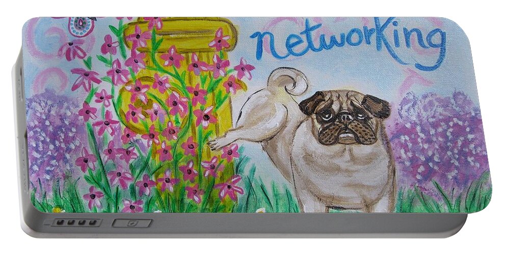 Doggies Portable Battery Charger featuring the painting Social Networking Pug by Diane Pape