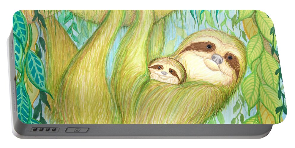 Sloth Portable Battery Charger featuring the drawing Soggy Mossy Sloth by Nick Gustafson