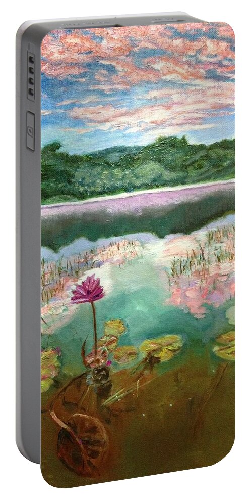 Water Lily Portable Battery Charger featuring the painting Solitary Bloom by Belinda Low