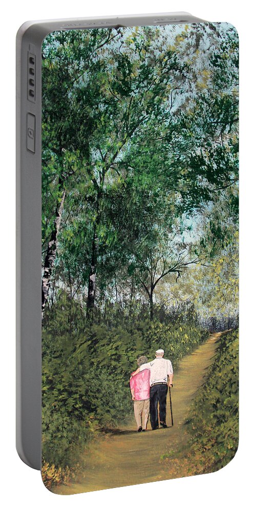 Elderly Couple Walking Portable Battery Charger featuring the painting Soul Mates by Gloria E Barreto-Rodriguez