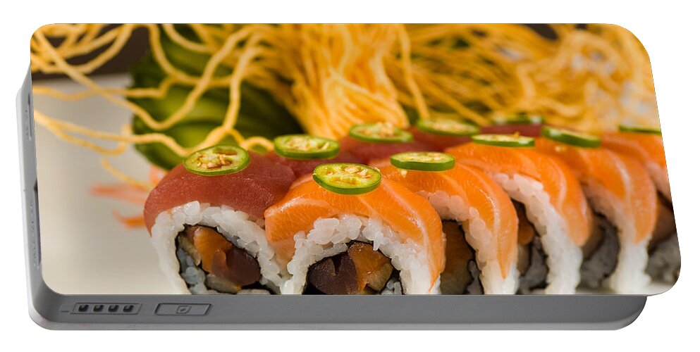 Asian Portable Battery Charger featuring the photograph Spicy Tuna and Salmon Roll by Raul Rodriguez