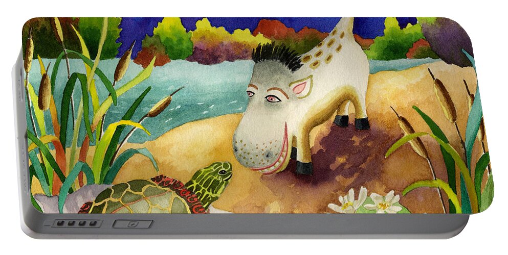 Spike The Dhog Painting Portable Battery Charger featuring the painting Spike the Dhog Comes Nose to Nose with a Painted Turtle by Anne Gifford
