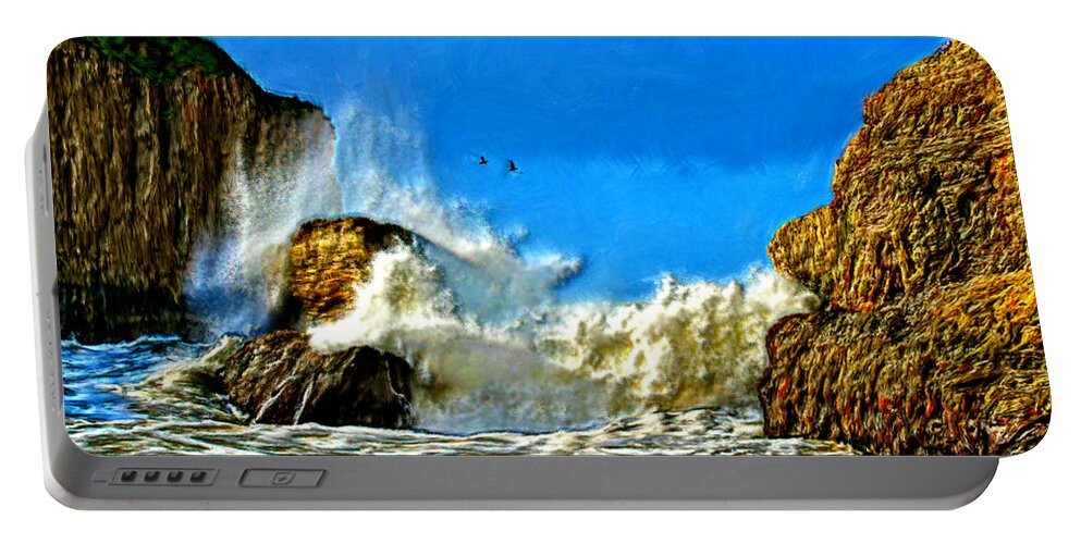 Bruce Portable Battery Charger featuring the painting Splashing on the Rocks by Bruce Nutting