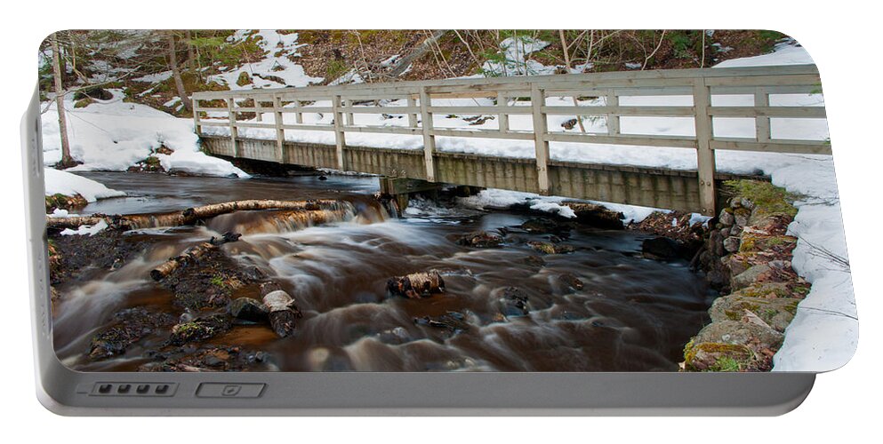 Spring; Hike; Footbridge;pictured Rocks National Lakeshore;munising; Munising Falls Creek;hiking Trail;snow Portable Battery Charger featuring the photograph Spring Hike by Gary McCormick