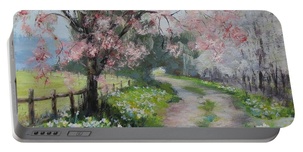 Original Portable Battery Charger featuring the painting Spring Walk by Karen Ilari