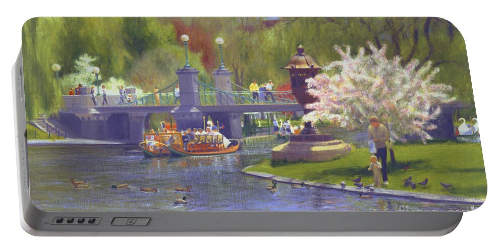 Boston Swan Boats Portable Battery Charger featuring the painting Springtime Boston Swan Boats by Candace Lovely