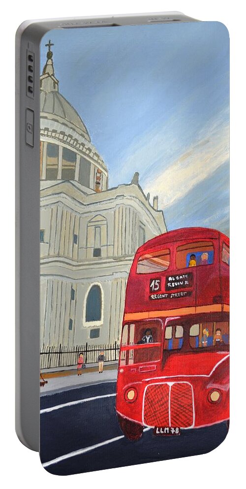 S T. Paul Cathedral And London Bus Portable Battery Charger featuring the painting St. Paul Cathedral and London bus by Magdalena Frohnsdorff