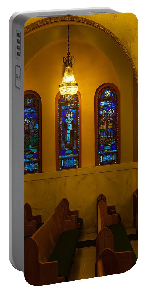 1948 Portable Battery Charger featuring the photograph Stained Glass Windows at St Sophia by Ed Gleichman
