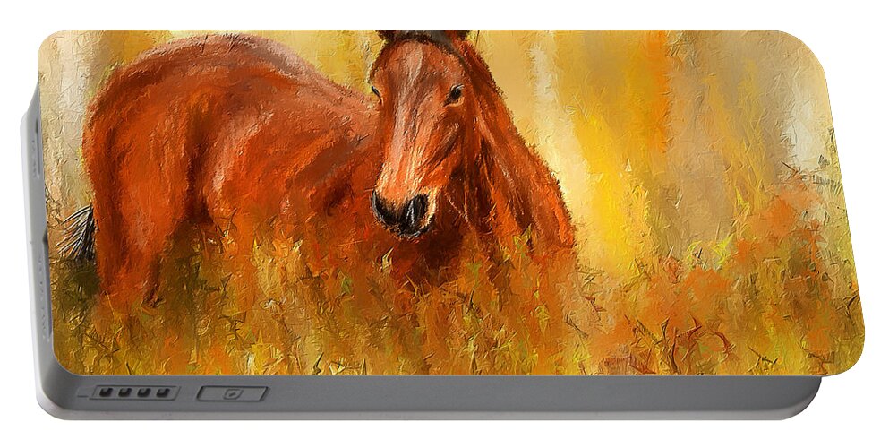 Bay Horse Paintings Portable Battery Charger featuring the painting Stallion in Autumn - Bay Horse Paintings by Lourry Legarde