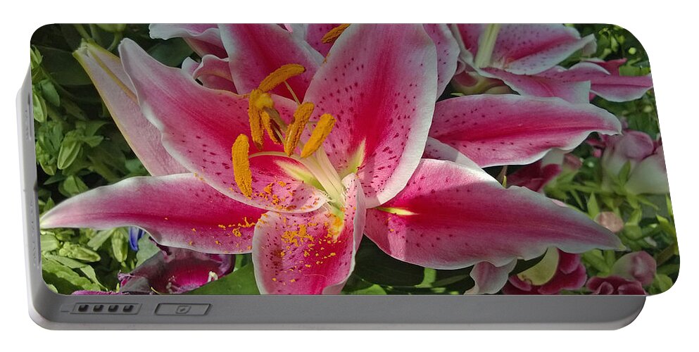 Yellow Portable Battery Charger featuring the photograph Stargazer Lily by Claudia Goodell