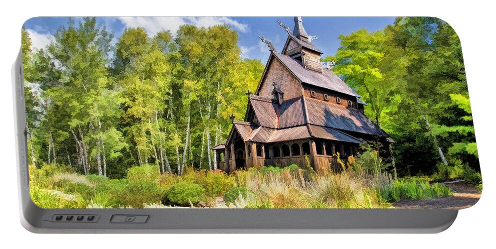 Door County Portable Battery Charger featuring the painting Stavkirke Church on Washington Island Door County by Christopher Arndt