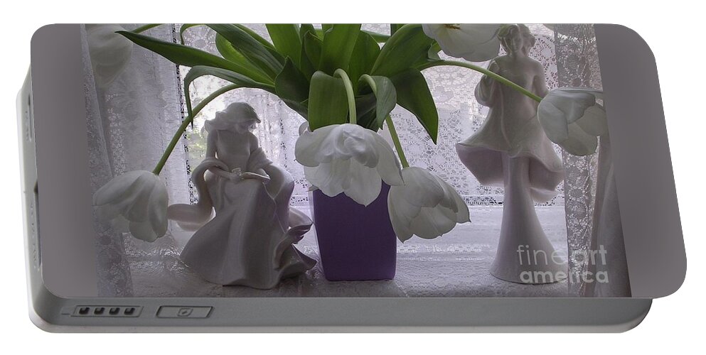 Figurines Portable Battery Charger featuring the photograph Still life Tulips and Lace by Joan-Violet Stretch