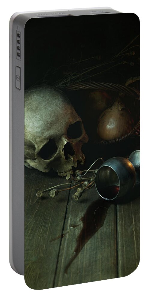 Still Life Portable Battery Charger featuring the photograph Still life with human skull and silver chalice by Jaroslaw Blaminsky