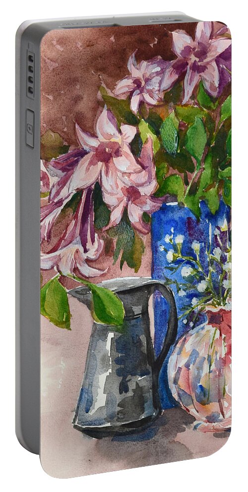 Pink Flowers Portable Battery Charger featuring the painting Asian Pink Lilies by Jyotika Shroff