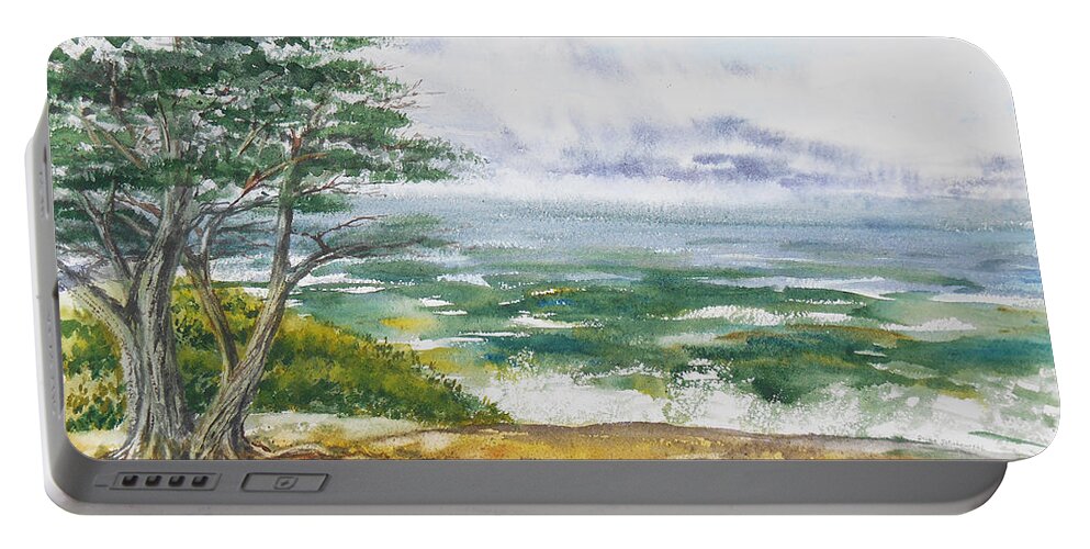 Seascape Portable Battery Charger featuring the painting Stormy Morning At Carmel By The Sea California by Irina Sztukowski