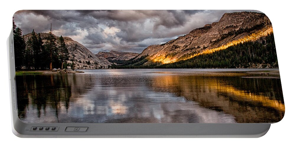 Water Reflection Lake Mountains Yosemite National Park Sierra Nevada Landscape Scenic Nature California Sunset Clouds Day Yellow Light Trees Portable Battery Charger featuring the photograph Stormy Sunset at Tenaya by Cat Connor