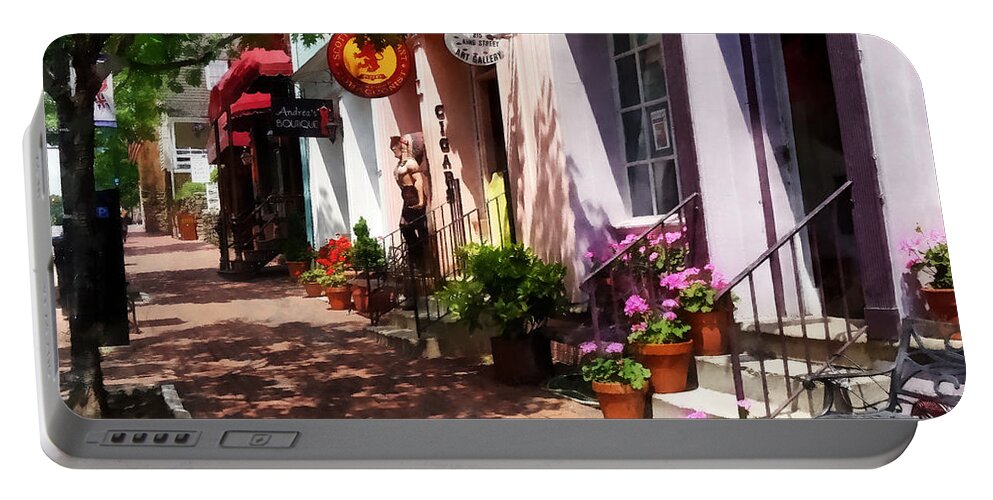 Alexandria Portable Battery Charger featuring the photograph Alexandria VA - Street With Art Gallery and Tobacconist by Susan Savad