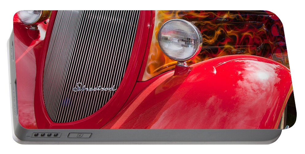 Custom Car Show Shine Classic Ford Blue Granum Alberta Canada Red Detail Street Rod Headlamps Chrome Portable Battery Charger featuring the photograph Streetrod Red by Mick Flynn