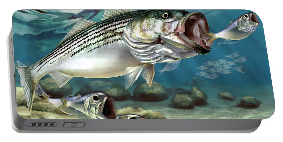 Striper Portable Battery Charger featuring the painting Striper - The True Monster of Montauk by Hayden Hammond