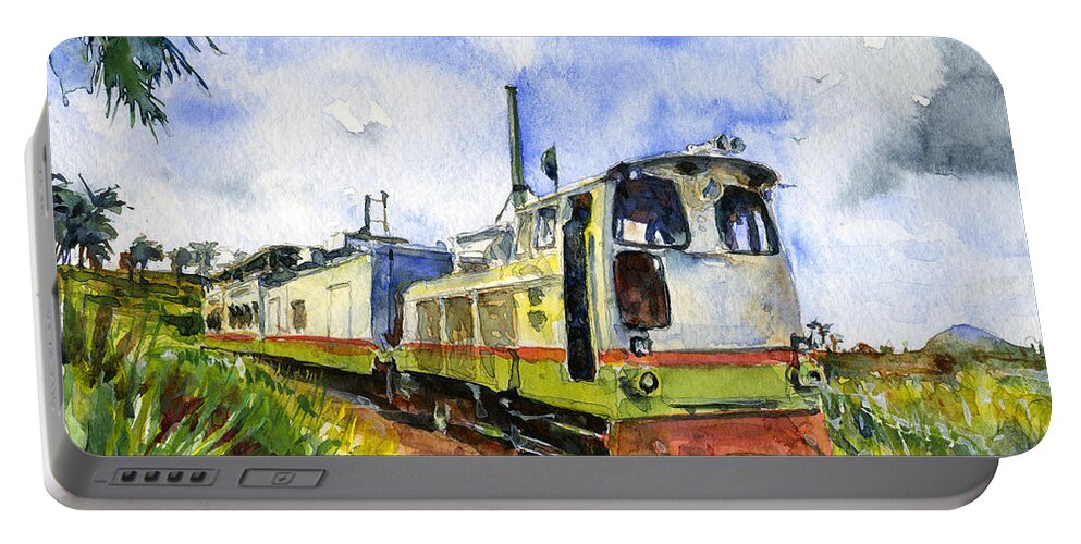Train Portable Battery Charger featuring the painting Sugar Train Saint Kitts by John D Benson