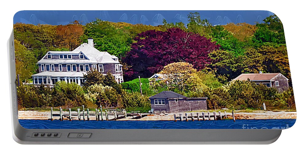 New England; Beach; Coastal; Shoreline; Summer Homes; Houses; Docks; Sea; Ocean; Marthas Vineyard; Trees; Nature; Natural; Kirt Tisdale Portable Battery Charger featuring the painting Summer at the Shore by Kirt Tisdale