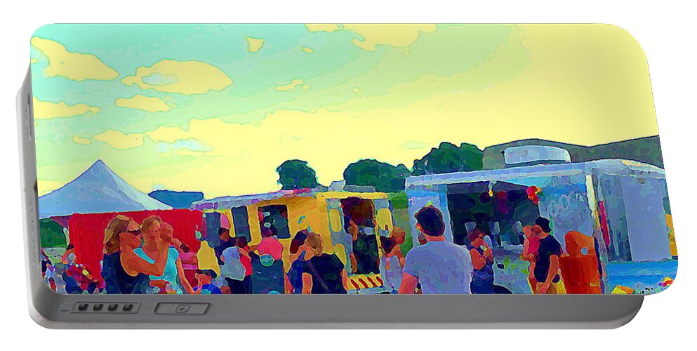 Food Truck Portable Battery Charger featuring the painting Summer Family Fun Paintings Of Food Truck Art Roadside Eateries Dad Mom And Little Boy Cspandau by Carole Spandau