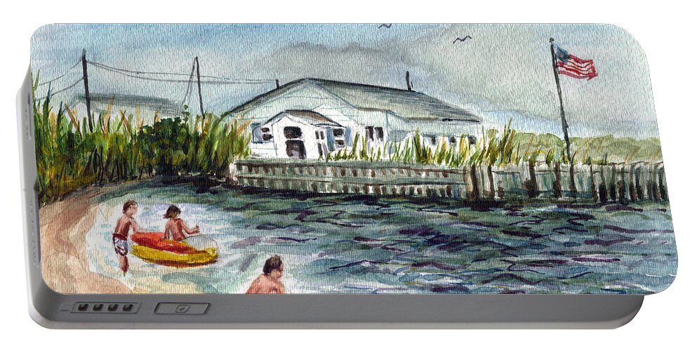 Swimming Portable Battery Charger featuring the painting Summer fun before Sandy by Clara Sue Beym