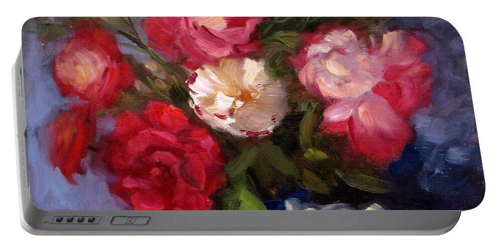Red Roses Portable Battery Charger featuring the painting Summer Roses by Karin Leonard