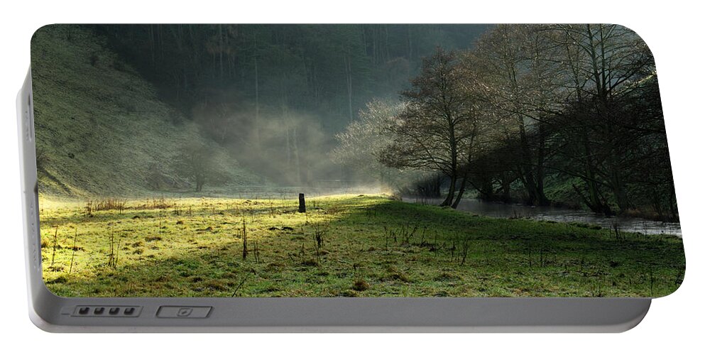 Britain Portable Battery Charger featuring the photograph Sunbeams and Mist - Wolfscote Dale by Rod Johnson