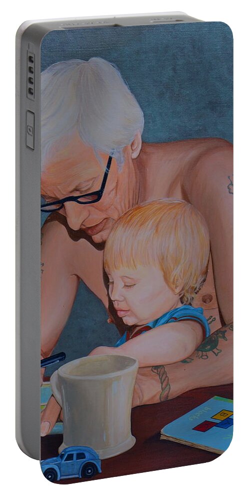 Father And Son Portable Battery Charger featuring the painting Sunday Paper by AnnaJo Vahle
