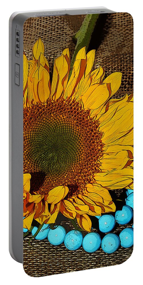 Sunflower Portable Battery Charger featuring the photograph Sunflower Burlap And Turquoise by Phyllis Denton