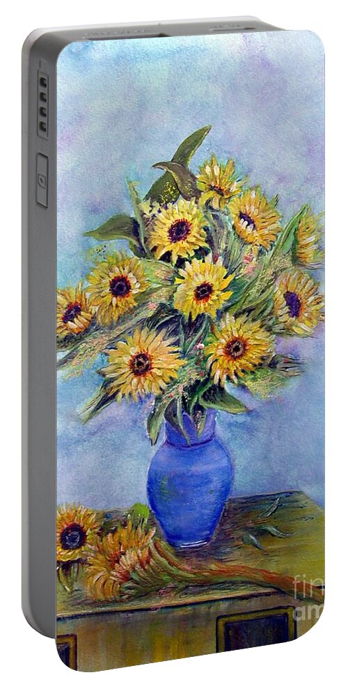 Vase Portable Battery Charger featuring the painting Sunflowers and Blue Vase by Loretta Luglio