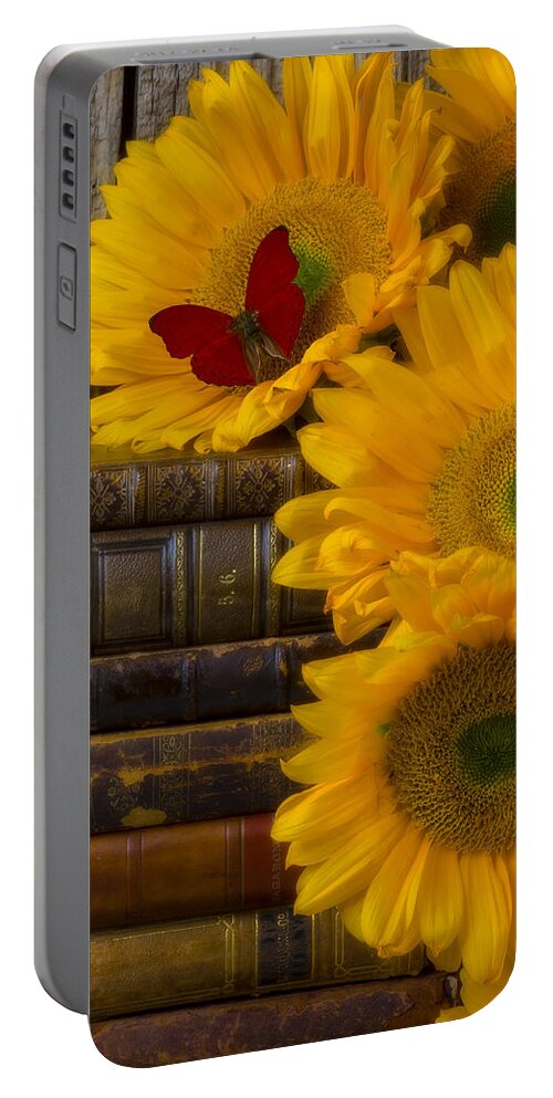 Sunflowers Portable Battery Charger featuring the photograph Sunflowers and old books by Garry Gay