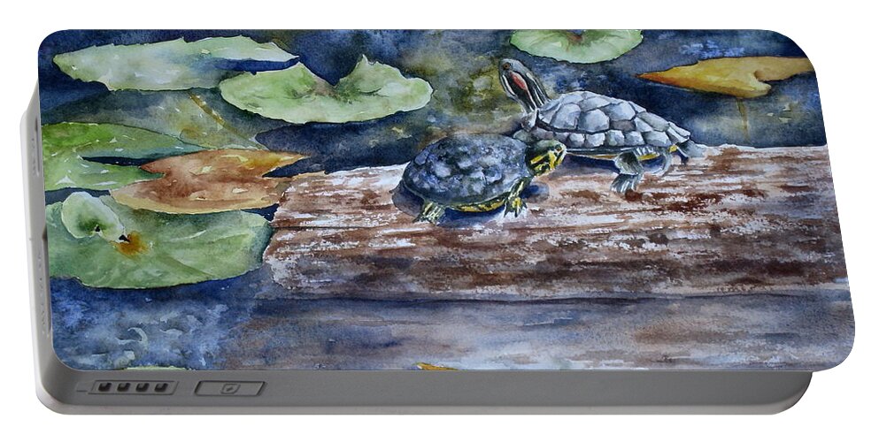 Sliders Portable Battery Charger featuring the painting Sunning Sliders by Mary McCullah