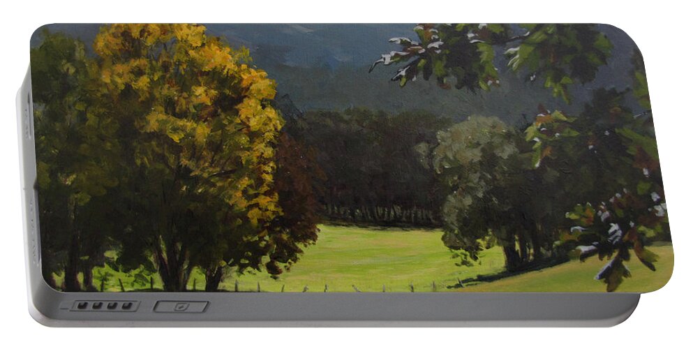Landscape Portable Battery Charger featuring the painting Sunny Fall Day by Karen Ilari