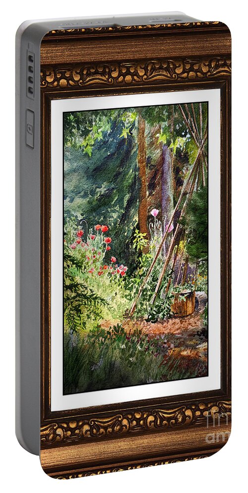 Garden Portable Battery Charger featuring the painting Sunny Garden In Vintage Frame by Irina Sztukowski