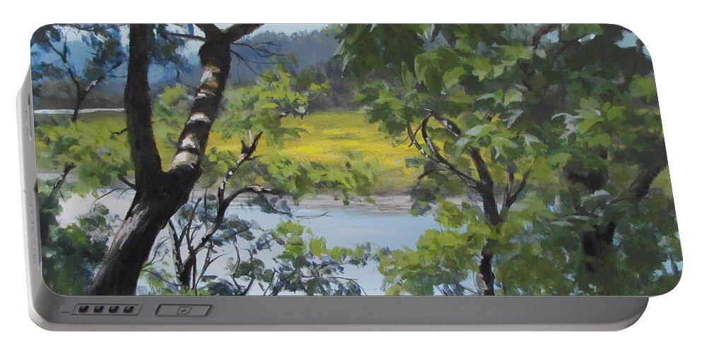 Summer Portable Battery Charger featuring the painting Sunny River by Karen Ilari