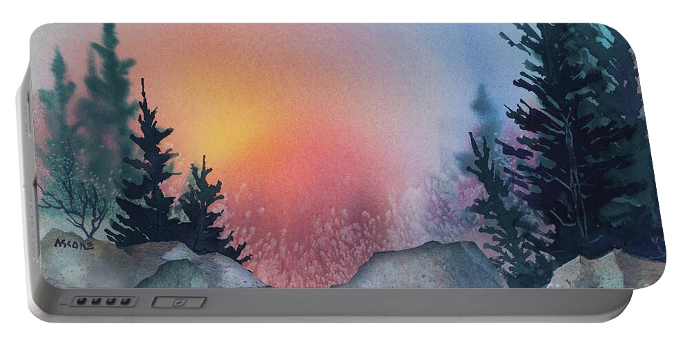 Sunrise Behind Spruce Portable Battery Charger featuring the painting Sunrise Behind Spruce by Teresa Ascone