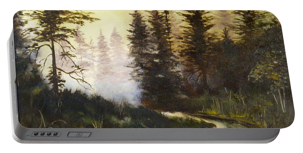 Acadia National Park Portable Battery Charger featuring the painting Sunrise in the Forest by Lee Piper