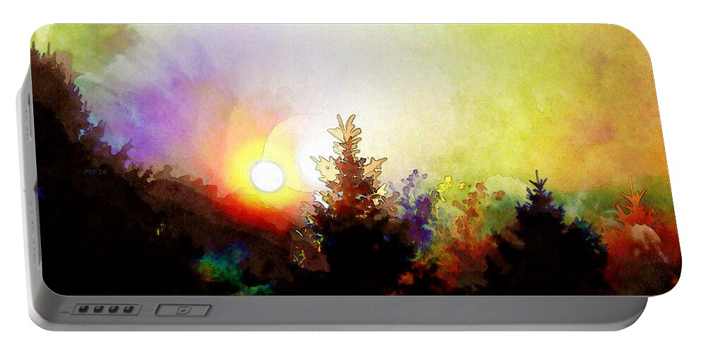 Sun Portable Battery Charger featuring the digital art Sunrise In The Forest by Phil Perkins