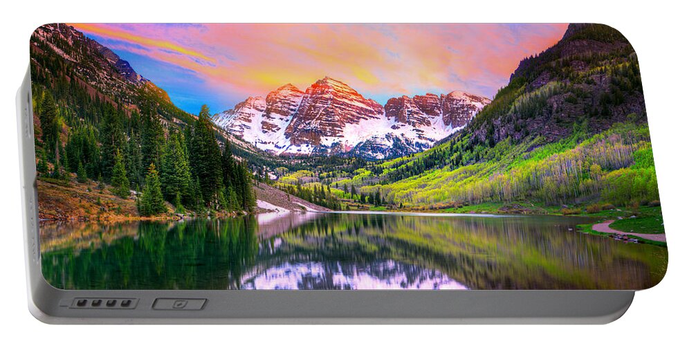 Maroon Bells Portable Battery Charger featuring the photograph Sunset at Maroon Bells and Maroon Lake Aspen CO by James O Thompson