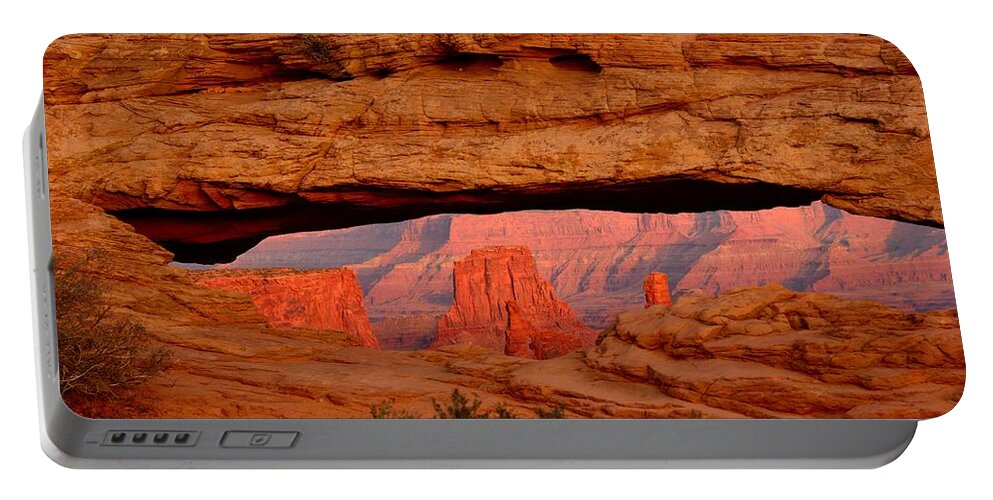 Mesa Portable Battery Charger featuring the photograph Sunset at Mesa Arch by Tranquil Light Photography