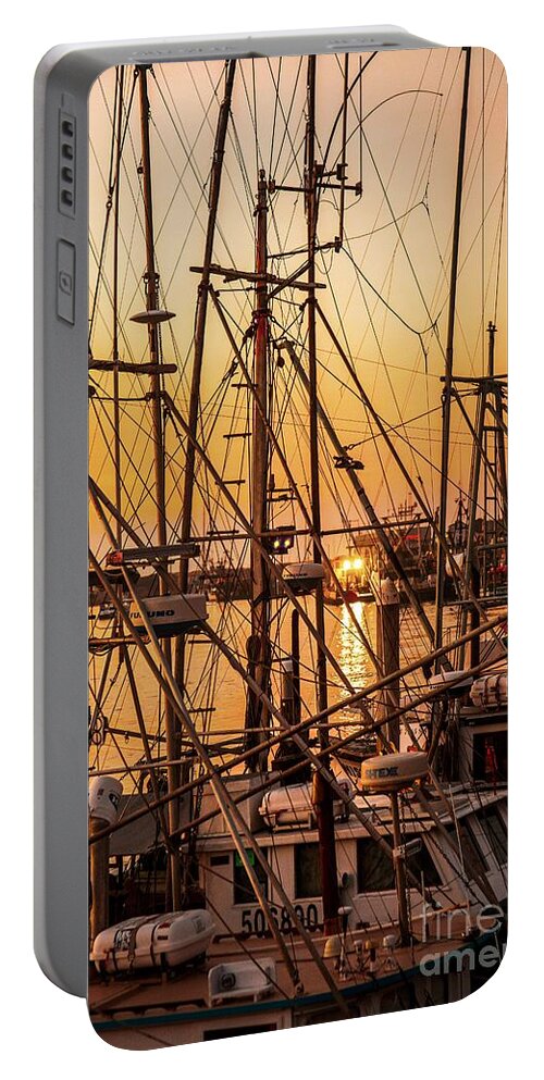 Sunset Boat Dock Portable Battery Charger featuring the photograph Sunset Boat Masts at Dock Morro Bay Marina Fine Art Photography Print sale by Jerry Cowart