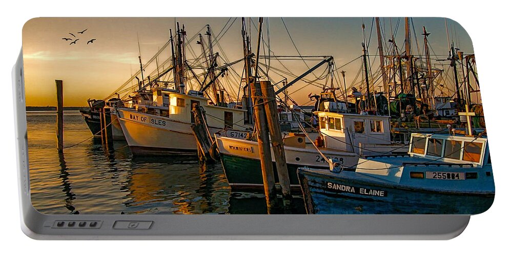 Fishing Boats Portable Battery Charger featuring the photograph Sunset On The Fleet by Cathy Kovarik