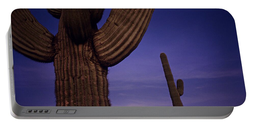 American Southwest Portable Battery Charger featuring the photograph Sunset with moonise behind Saguaro Cactus in desert Southwest Ar by Jim Corwin