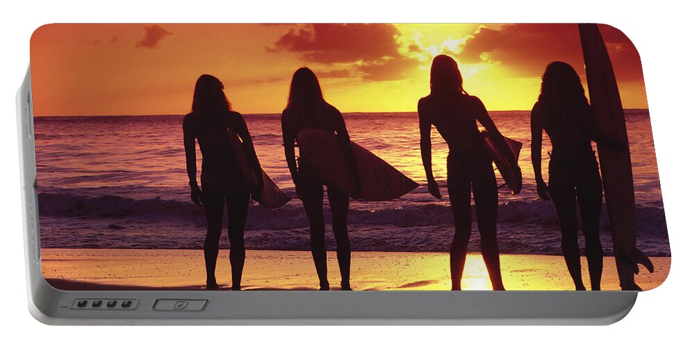 Surfer Girls Portable Battery Charger featuring the photograph Surfer girl silhouettes by Sean Davey