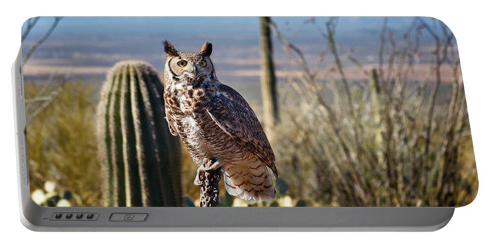 Great Horned Owls Portable Battery Charger featuring the photograph Surveying the Sonoran by Kathleen Bishop