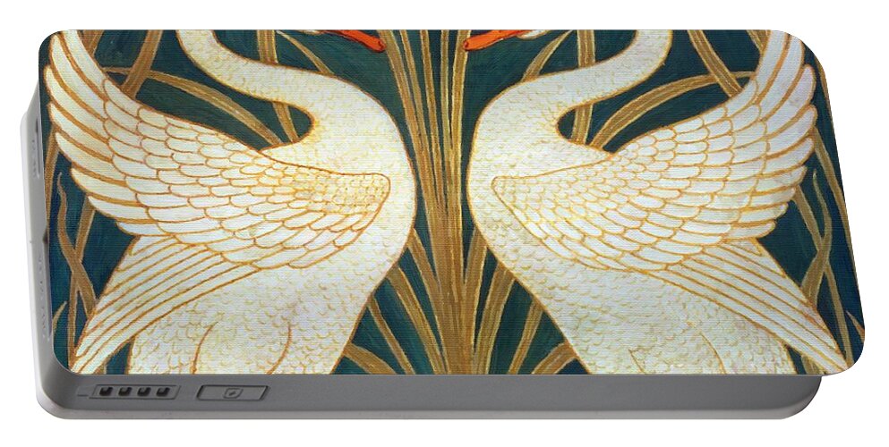 Walter Crane Portable Battery Charger featuring the painting Swan Rush And Iris by Walter Crane