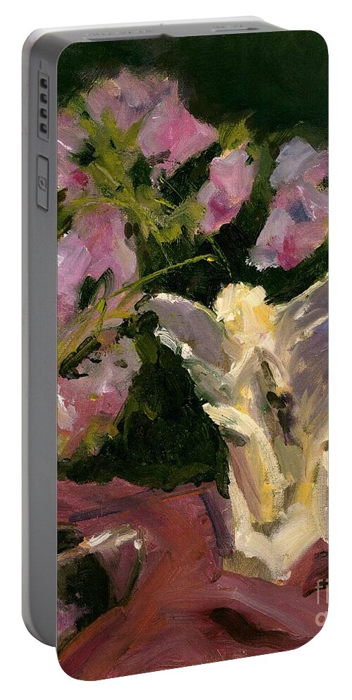 Floral Portable Battery Charger featuring the painting Sweetpeas and Silver by Maria Hunt