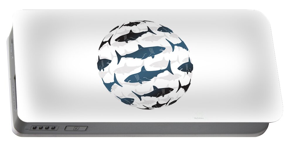 Shark Portable Battery Charger featuring the painting Swimming Blue Sharks Around The Globe by Amy Kirkpatrick